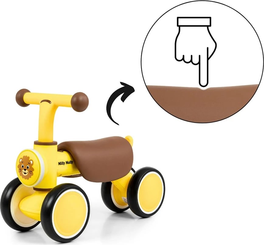 biçikletë pa pedale fëmijësh Milly Mally York 4 rrota LED dhe tinguj 12-36 muaj e verdhë