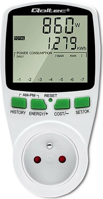 Matës i konsumit të energjisë Qoltec PM0627, 3680W, 16A, LCD, Bardhë