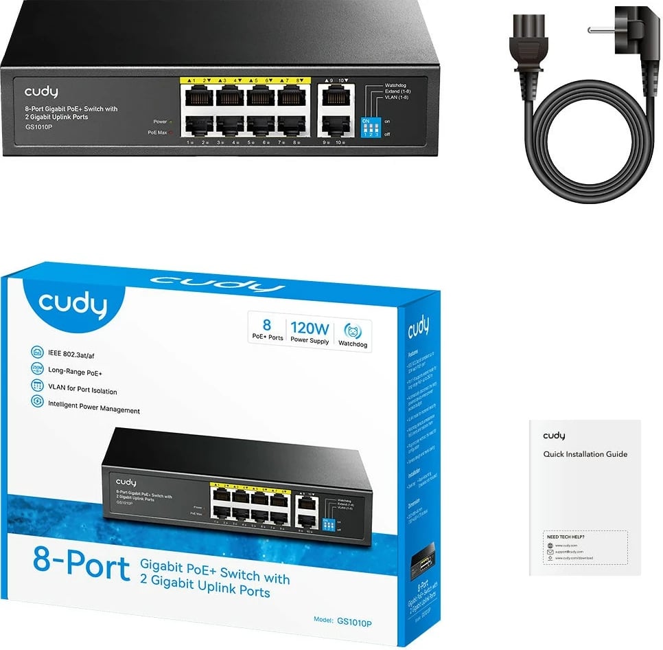 Switch Cudy GS1010P, 8 porte Gigabit PoE+, 2 porte uplink Gigabit, fuqi PoE 120W, kasë metalike, rack