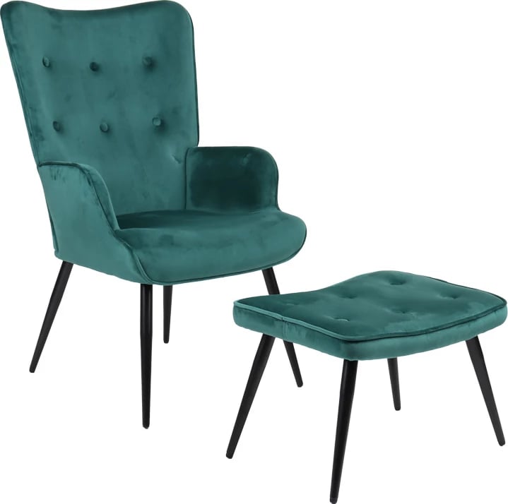 Fotel me puf Siella, kadife e gjelbër e errët, këmbë metalike të zeza, 59x67x94cm