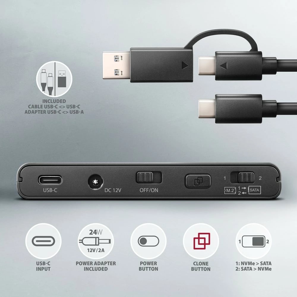 Adapter USB-C AXAGON ADSA-CC Clone Master 2, për NVMe M.2 dhe SSD/HDD 2.5"/3.5", i zi