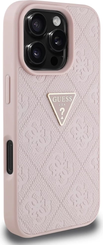Mbështjellës Guess Hot Stamp 4G Pattern Triangle Metal Logo për iPhone 16 Pro Max, Rozë