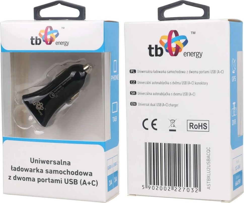 Karikues veture TB ASTBXLU2USBACQC, 2 porta USB (USB-C + USB 3.0), i zi