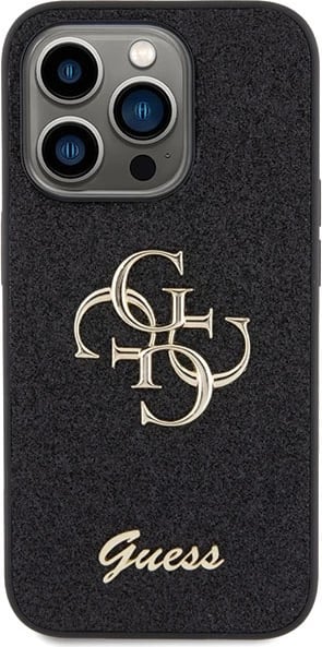 Mbështjellës Guess Glitter Script Big 4G për iPhone 15 Pro, i zi
