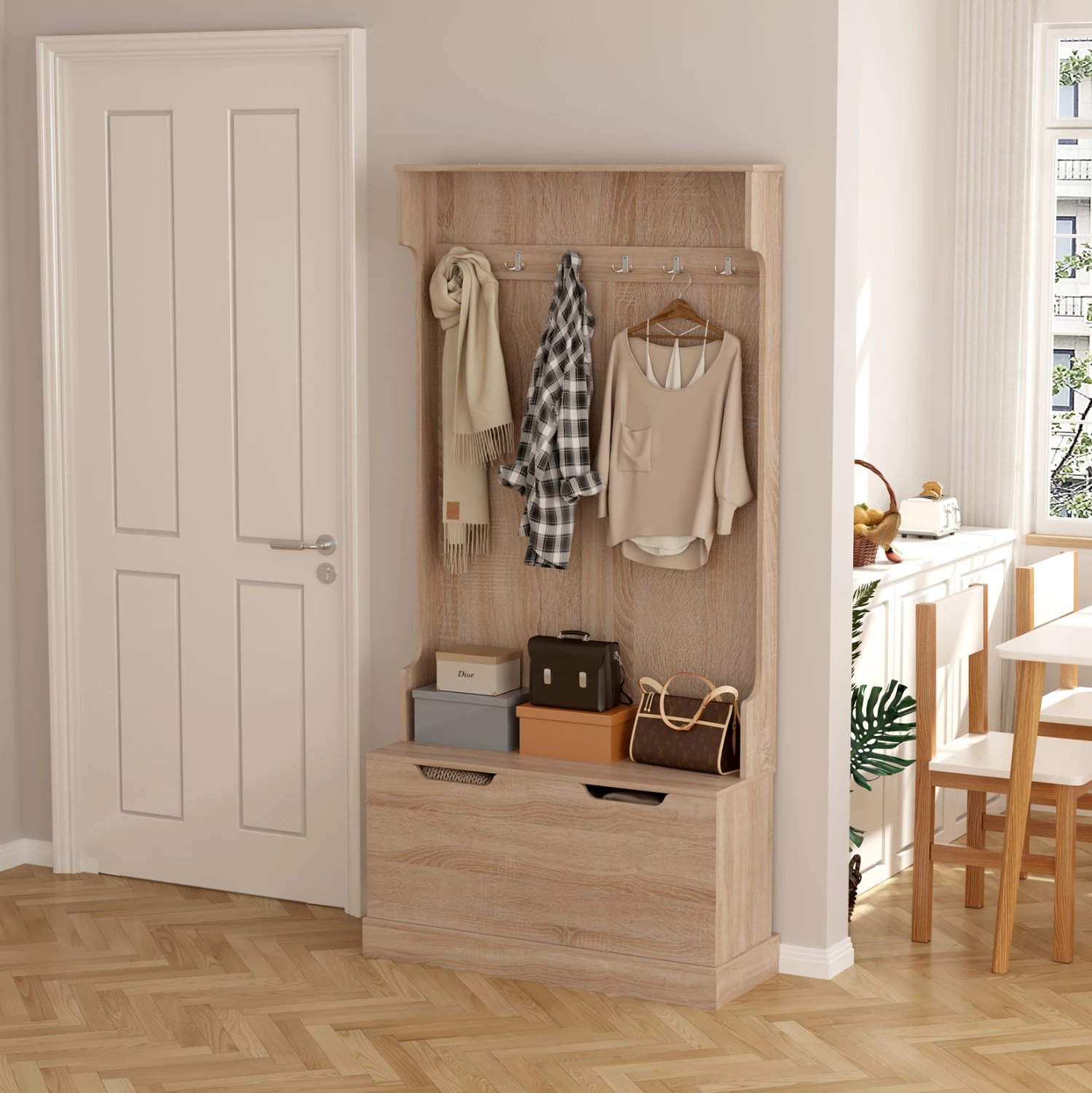 Mobilje hyrëse KAYLOR FH2475.01 me varëse dhe hapësirë ruajtjeje, MDF, Sonama, 93x34x180 cm