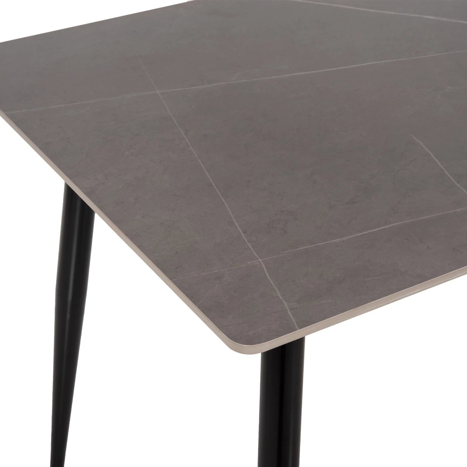 Tavolinë ngrënieje TOM, FH8588.01, sipërfaqe guri të sinteruar, pamje mermeri gri, këmbë metali të zeza, 160x90x76 cm