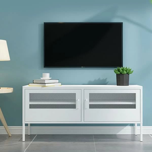 TV komodinë metalike Nextdeco me dyer të hapura, e bardhë H60x118x40cm