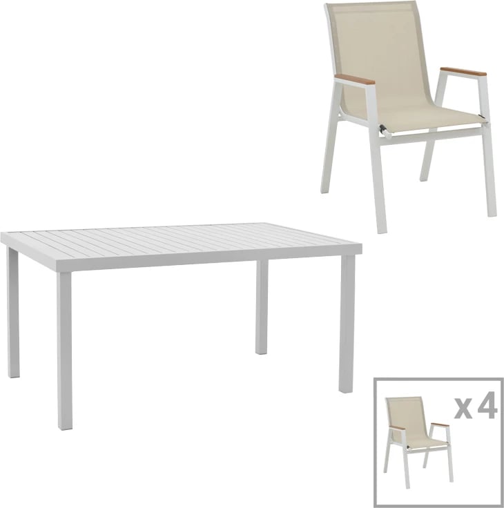 Tavolinë me karrige Kliton - Azelie set prej 5 copë alumin në hije të bardhë 150x80x74cm