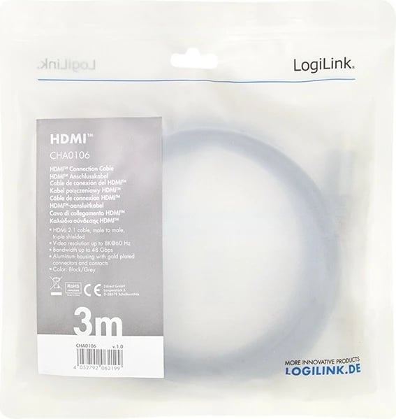 Kabllo HDMI LogiLink CHA0106, 3m, 8K/60Hz, alumini, e zezë/gri