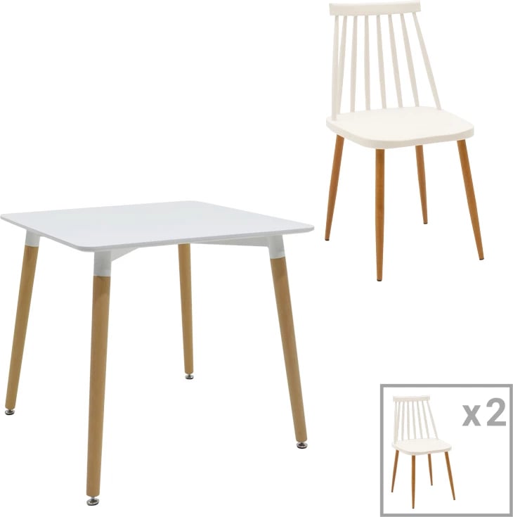 Tavolinë me karrige, ngjyrë natyrale-bardhë, Aurora-Natali, set prej 3 copash, 80x80x76cm