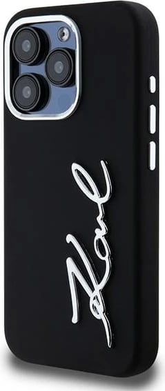 Mbështjellës Karl Lagerfeld Silicone Metal Script Logo për iPhone 15 Pro Max, i zi