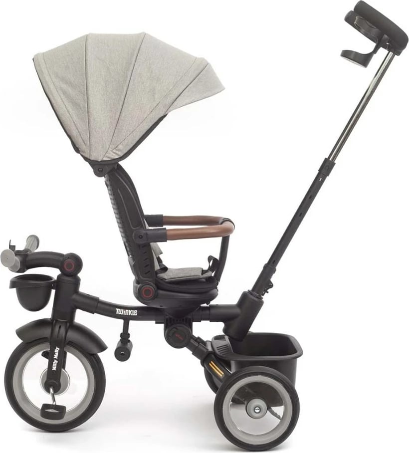 tricikletë për fëmijë, Milly Mally Twinkle, sedilje rrotulluese 180°, timon prindëror i rregullueshëm, dritë LED, kornizë çeliku, gri