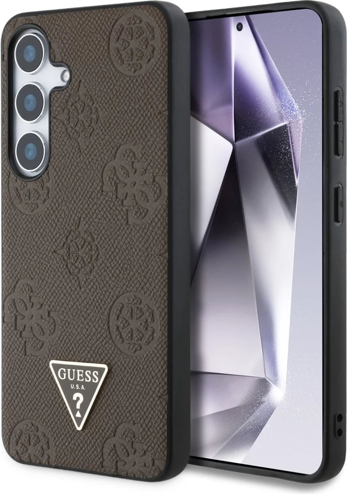 Mbështjellës Guess Grained Hot Stamp Peony Pattern Triangle Logo MagSafe për Samsung Galaxy S25, Kafe