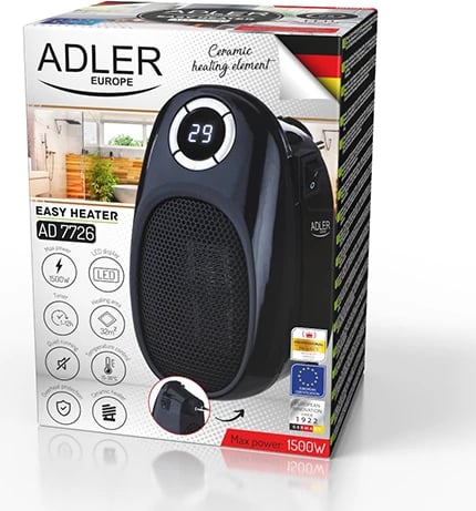 Ngrohës portativ, Adler, AD 7726 Thermofan Easy Heater, 1500W, timer 1-12h, kontroll temperature 15-35°C, element qeramik, i zi