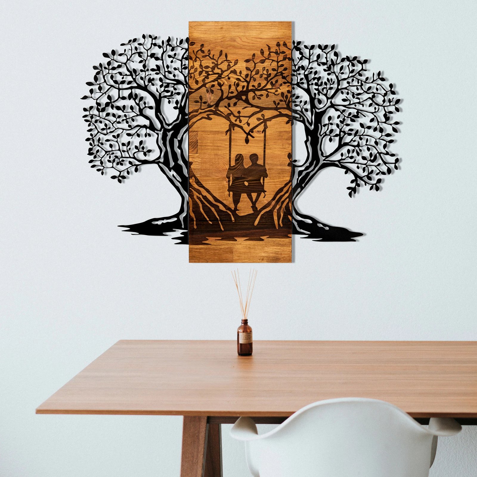 Aksesor dekorativ për mur, dru dhe metal, Wallity Eva, ngjyrë e zezë dhe arre, 76x58cm