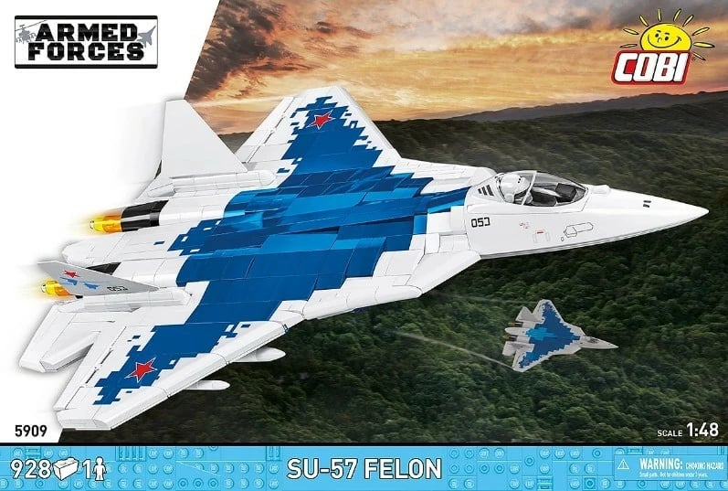 Set blloqe ndërtimi, Cobi, COBI-5909 SU-57 Felon 1:48, 928 copa, me figurë piloti dhe bazë ekspozimi, plastikë, kamuflazh blu-bardhë