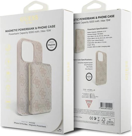 Mbështjellës Guess 4G Metal Logo për iPhone 15 Pro Max me powerbank MagSafe 5000mAh, rozë, set