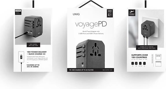 Adapter udhëtimi universal UNIQ Voyage LITHOS Collective 33W, 2xUSB PD 18W QC 3.0, Gri