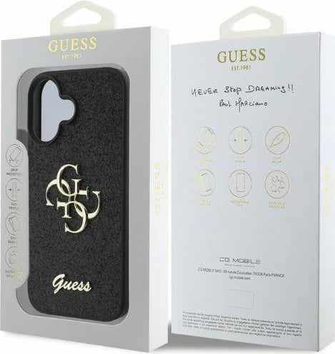 Mbështjellës Guess Fixed Glitter Big 4G për iPhone 16, i zi