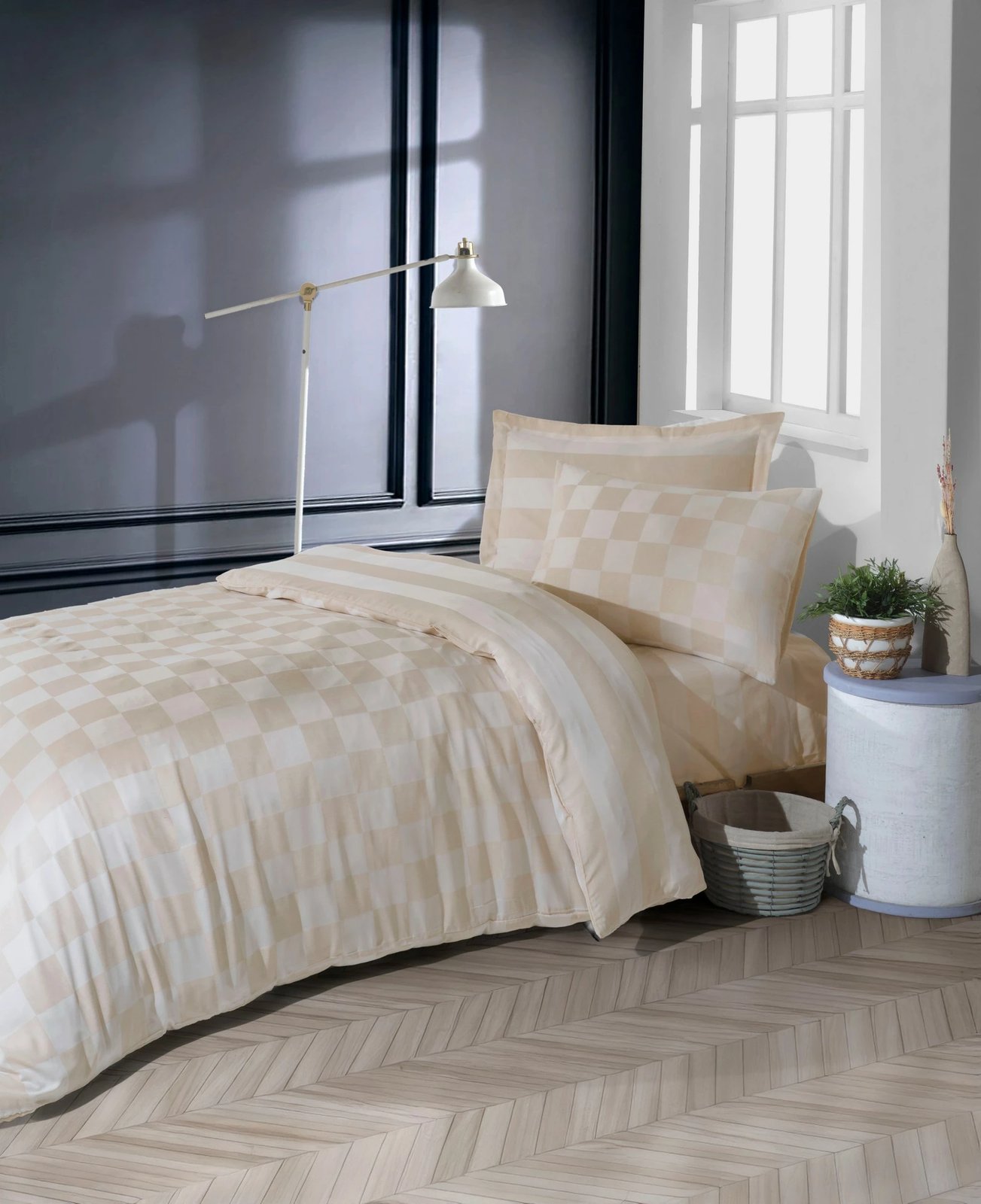 Set mbulesë për jorgan Single XL, kareli saten, ngjyrë bezhë