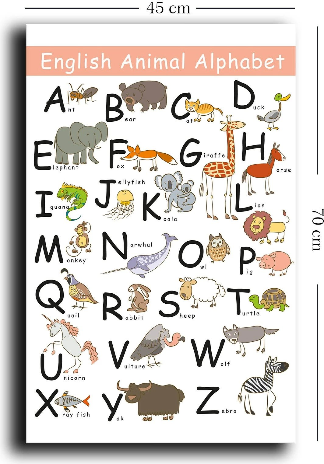 Pikturë dekorative në kanavacë, alfabeti i kafshëve në anglisht, 45x70cm
