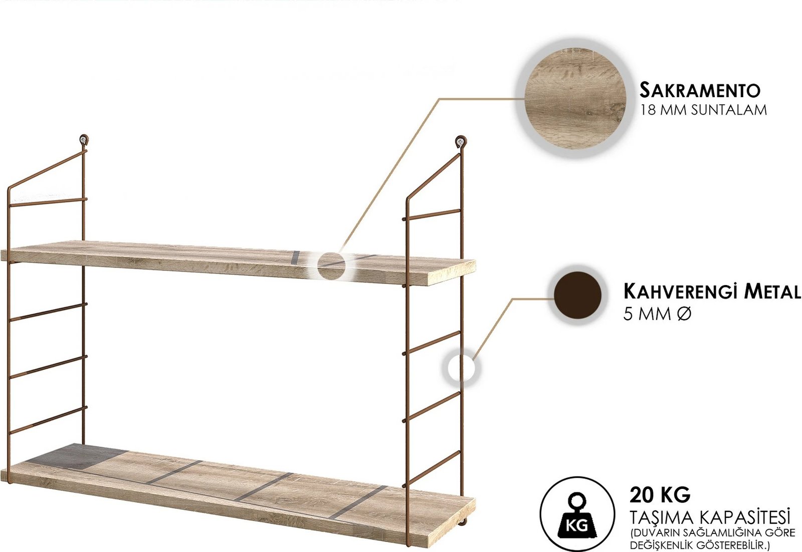 Raft muri Hanah Home, Armoni 2'li, ngjyrë kafe, Sacramento