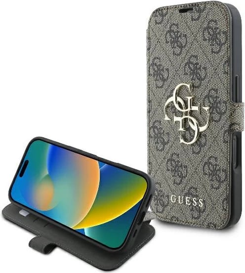 Mbështjellës Guess 4G Metal Logo për iPhone 16 Plus, kafe