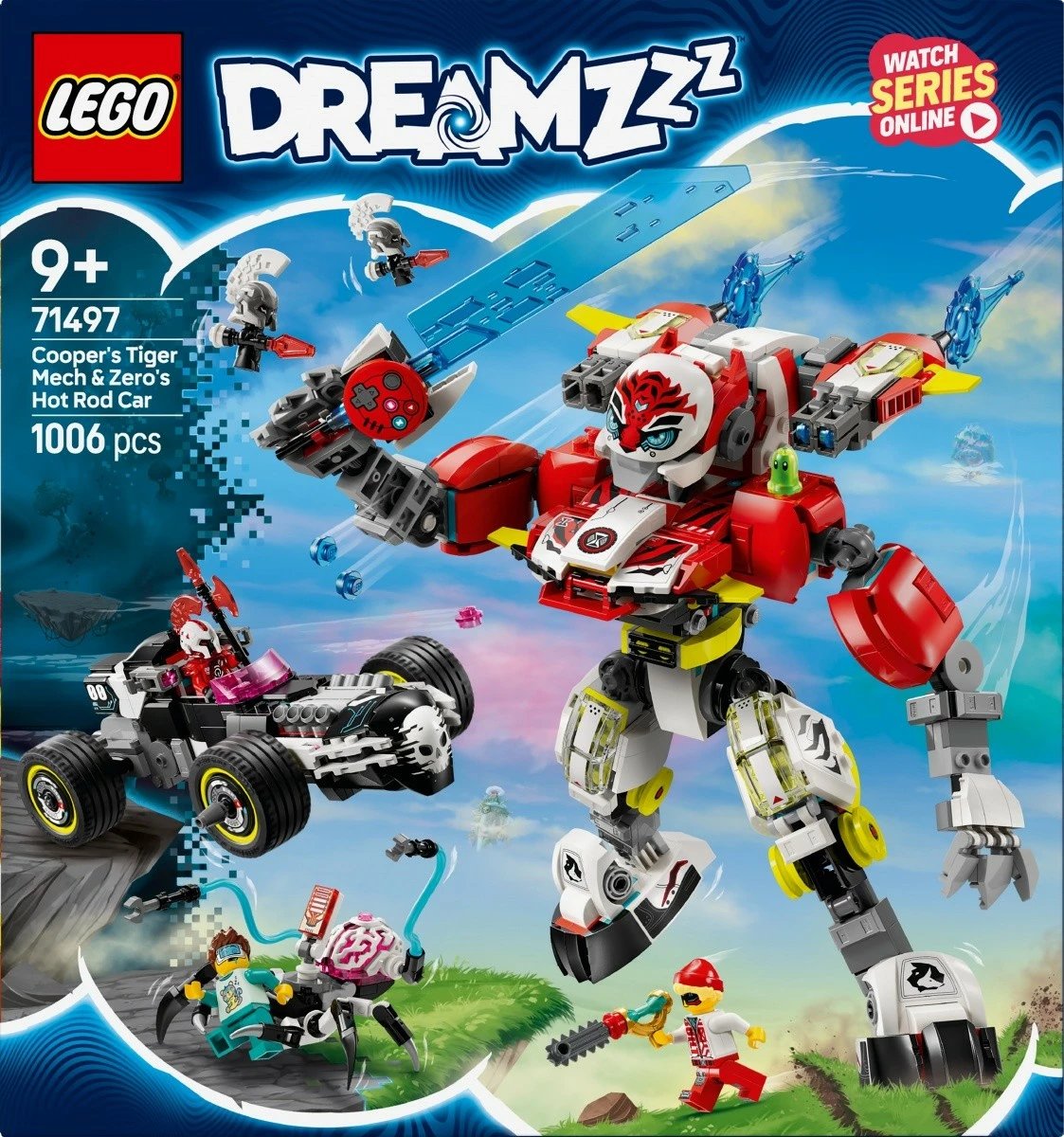 Set LEGO DREAMZzz Tiger Mech Cooper dhe Hot Rod Zero 71497, 1006 pjesë, plastikë, për fëmijë 9+ vjeç, ekstra i madh