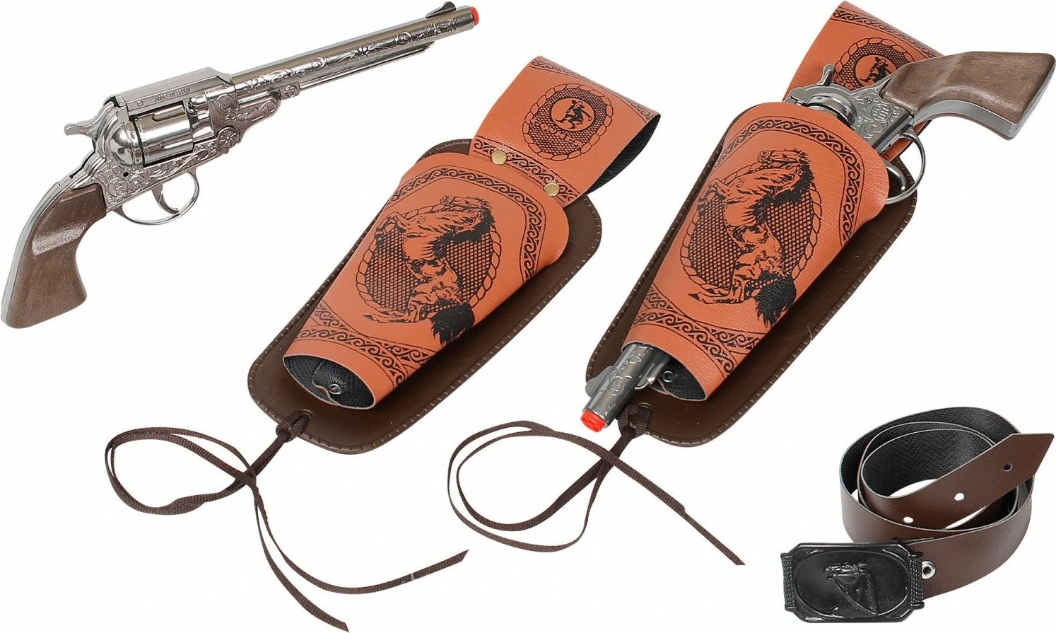 Set cowboy me 2 revolverë metalikë Pulio Gonher, me kabura dhe 8 naboi, Kafe/Argjend
