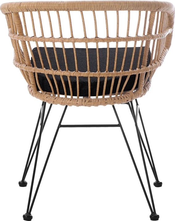 Karrige Naoki me jastëk pe rattan, ngjyrë natyrale, këmbë metalike të zeza, 63x61x79cm