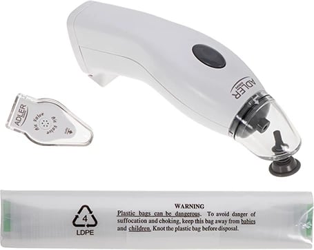 Set vakumimi ushqimi, Adler AD 4515, ekstraktor ajri, 8 L/min, -0.5 bar, AC ose 6xAA, e bardhë, me qese të ripërdorshme dhe mbyllës shishe