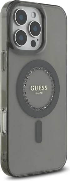 Mbështjellës Guess IML Rhinestones MagSafe për iPhone 16 Pro Max, Zi