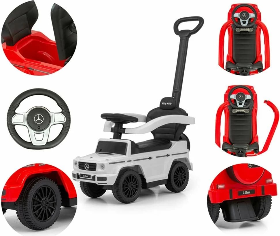 makinë shtytëse për fëmijë me dorezë, Milly Mally, Mercedes G350d, me dorezë udhëzuese, sedilje me hapësirë ruajtjeje, 12–36 muaj, 25 kg, e bardhë
