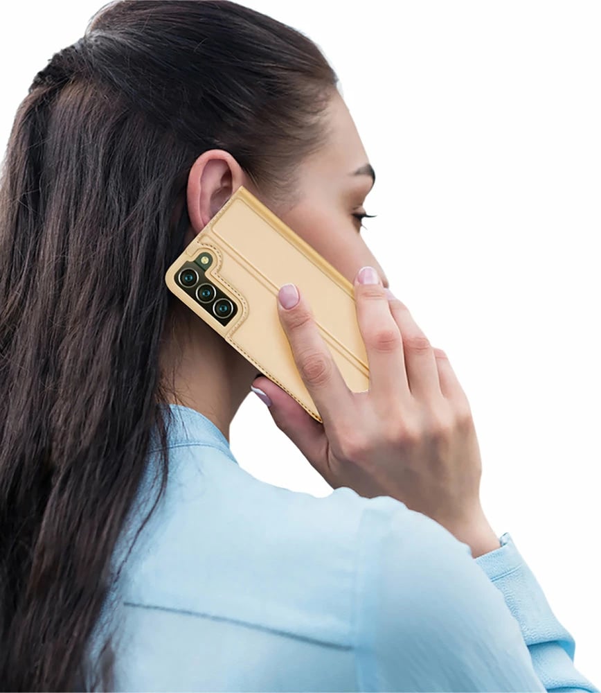 Mbështjellës Dux Ducis Skin Pro për Samsung Galaxy S22+, lëkurë ekologjike, me xhep, me qëndrim, ari