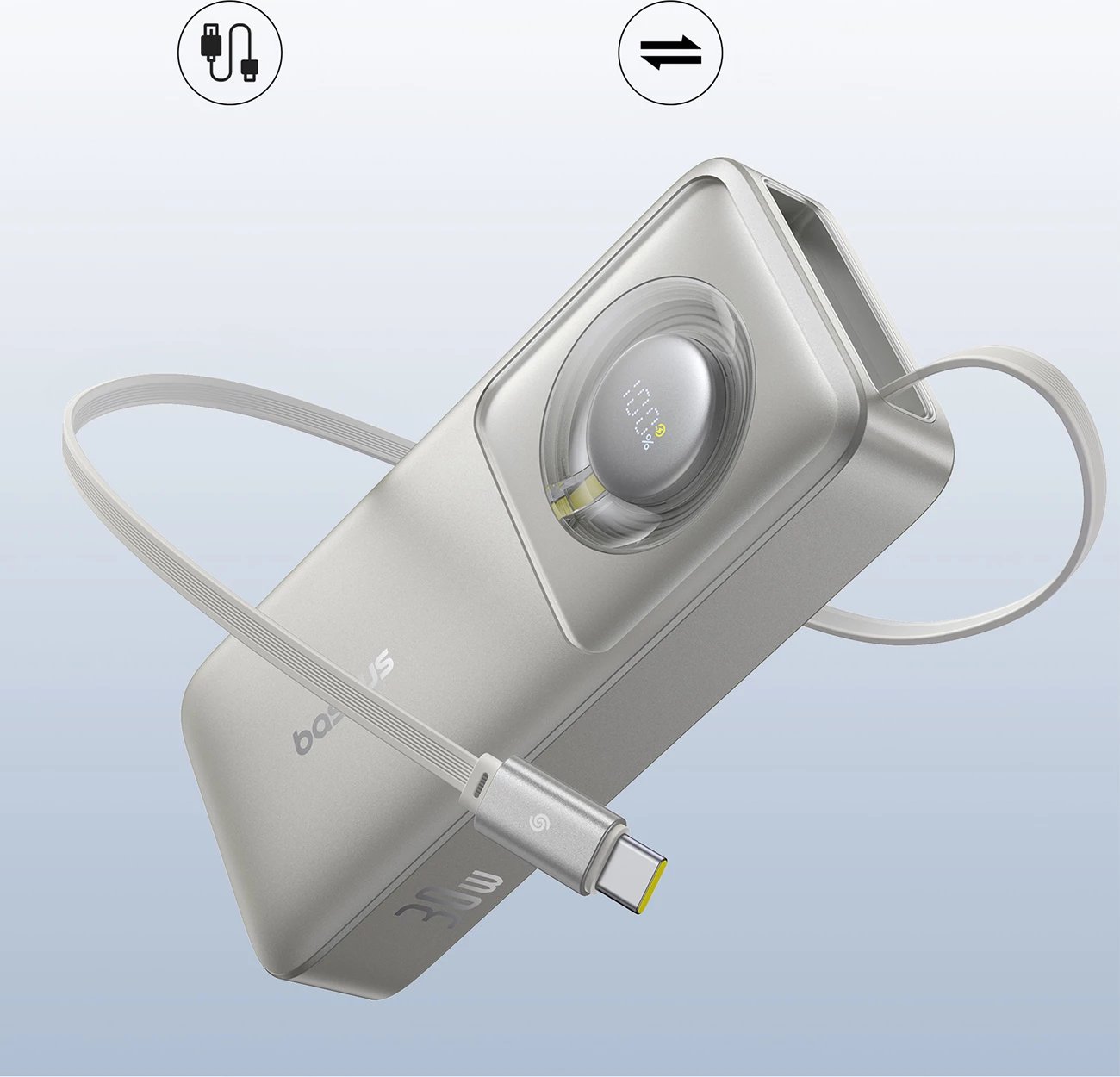 Powerbank Baseus Free2Pull 10000mAh, 30W, USB-C, me kabllo tërheqëse, Gri