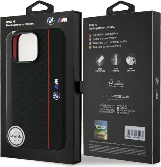 Mbështjellës BMW Silicone Hexagon Red Line MagSafe për iPhone 16 Pro Max, Zi