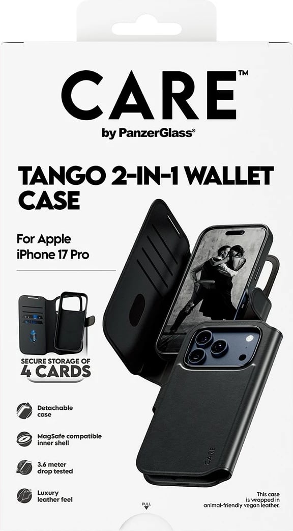 Mbështjellës PanzerGlass CARE Feature Case Tango 2in1 Wallet MagSafe për iPhone 17 Pro, i zi