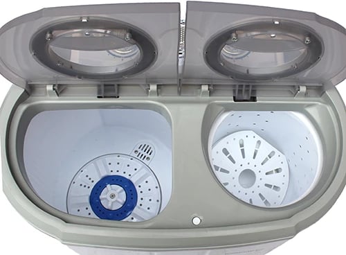 makinë larëse portative dy-kubikëshe, Adler Camry CR 8052, 3kg larje 1kg shtrydhje, konsum i ulët, dimensione 570x350x540, e bardhë/gri