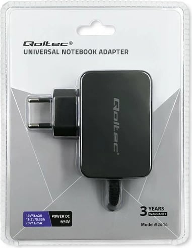 Adapter universal energjie Qoltec 52414, 65W, 10 konektorë, i zi