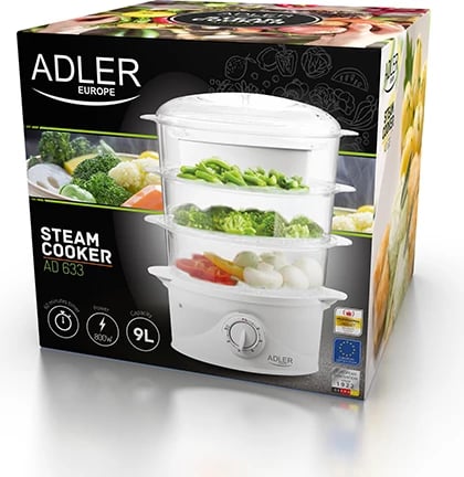 Gatues me avull elektrik, Adler AD 633, 800 W, 9 L, 3 shtresa, i bardhë Gatues me avull elektrik, Adler AD 633, 800 W, 9 L, 3 shtresa, i bardhë
