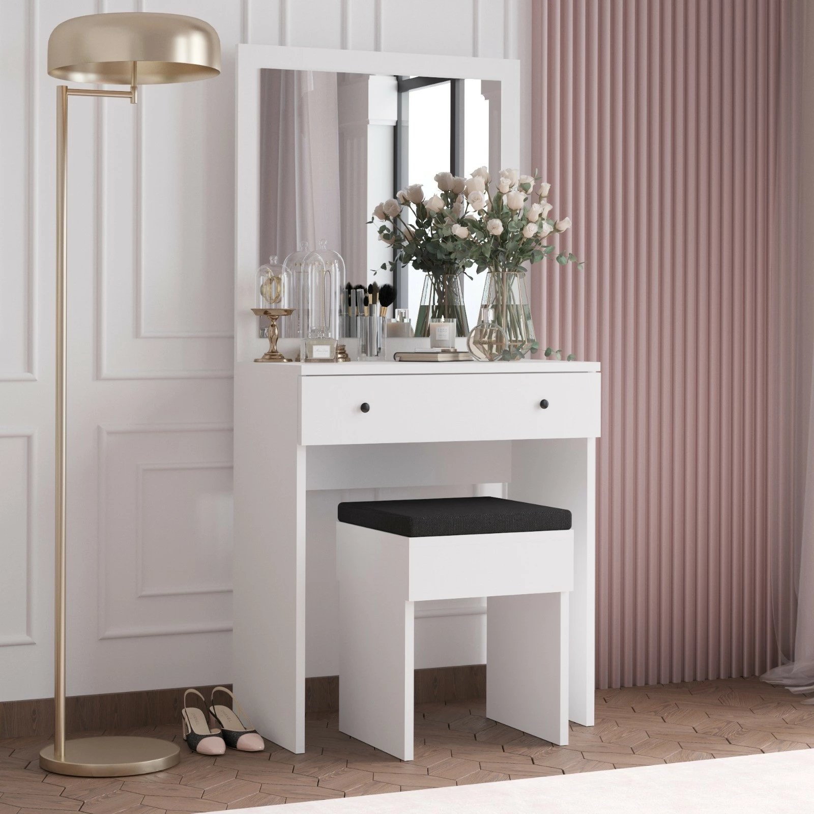 Tavolinë grimimi Hanah Home, Felix, e bardhë, me pasqyrë dhe karrige