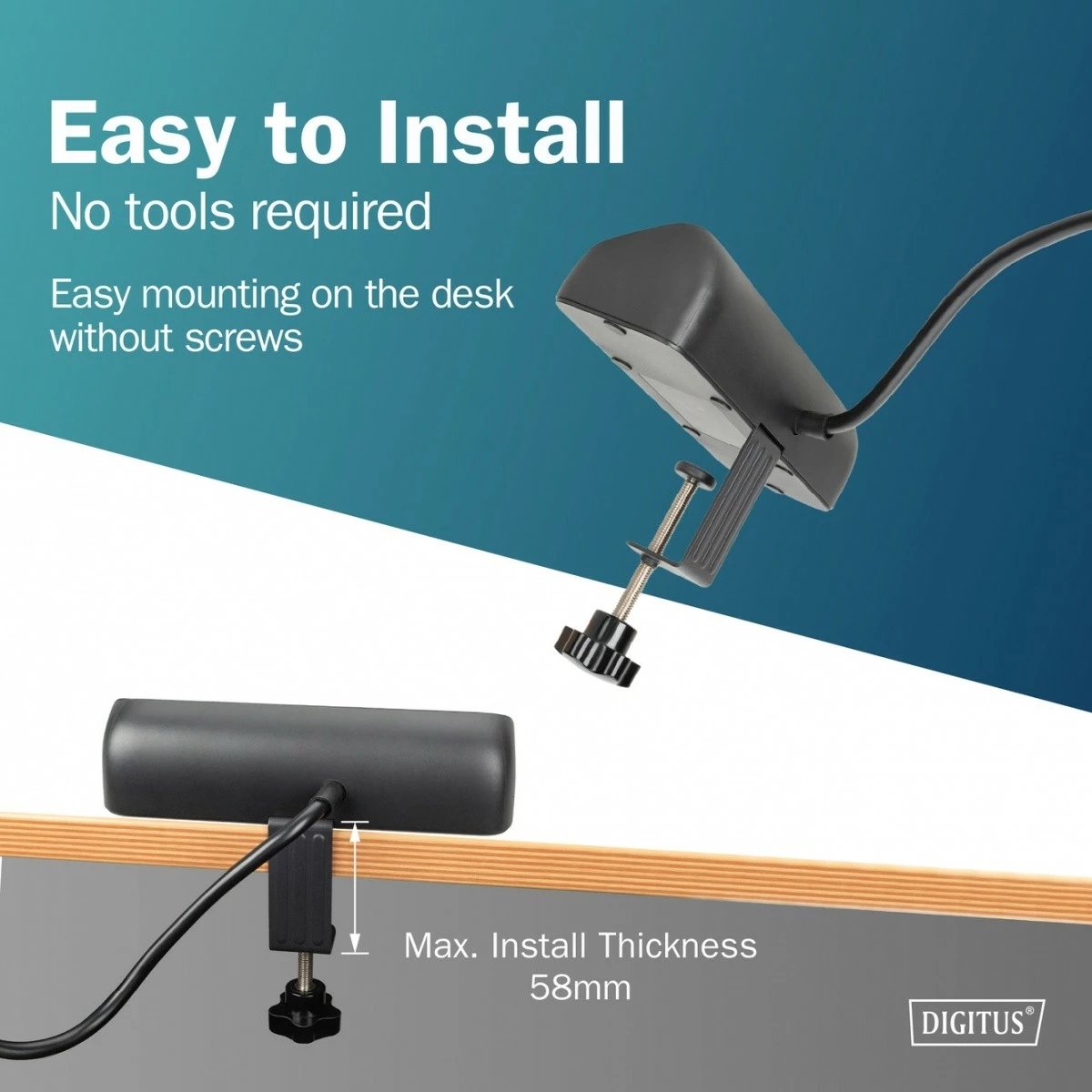 zgjatues prizash tavoline, Digitus, DA-70625, 3x Schuko, 2x USB-A 12W, 1x USB-C 30W, kapëse për tavolinë, kabllo 1.5 m, e zezë