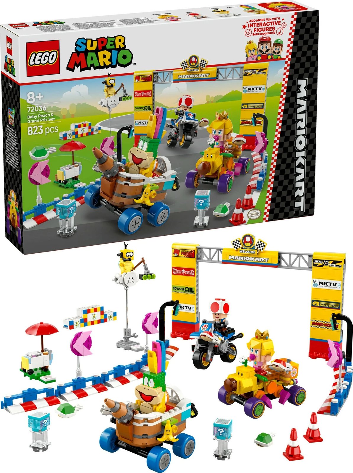 Set ndërtimi LEGO Super Mario Mario Kart Baby Peach & Grand Prix 823 pjesë, multingjyrësh