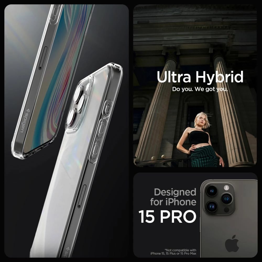 Mbështjellës Spigen Ultra Hybrid për iPhone 15 Pro, frost clear, gjysmë-transparent