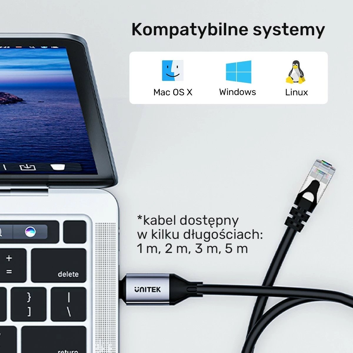 Kabllo Ethernet Unitek USB-C RJ-45 LAN, 3m, ngjyrë zezë-argjendtë