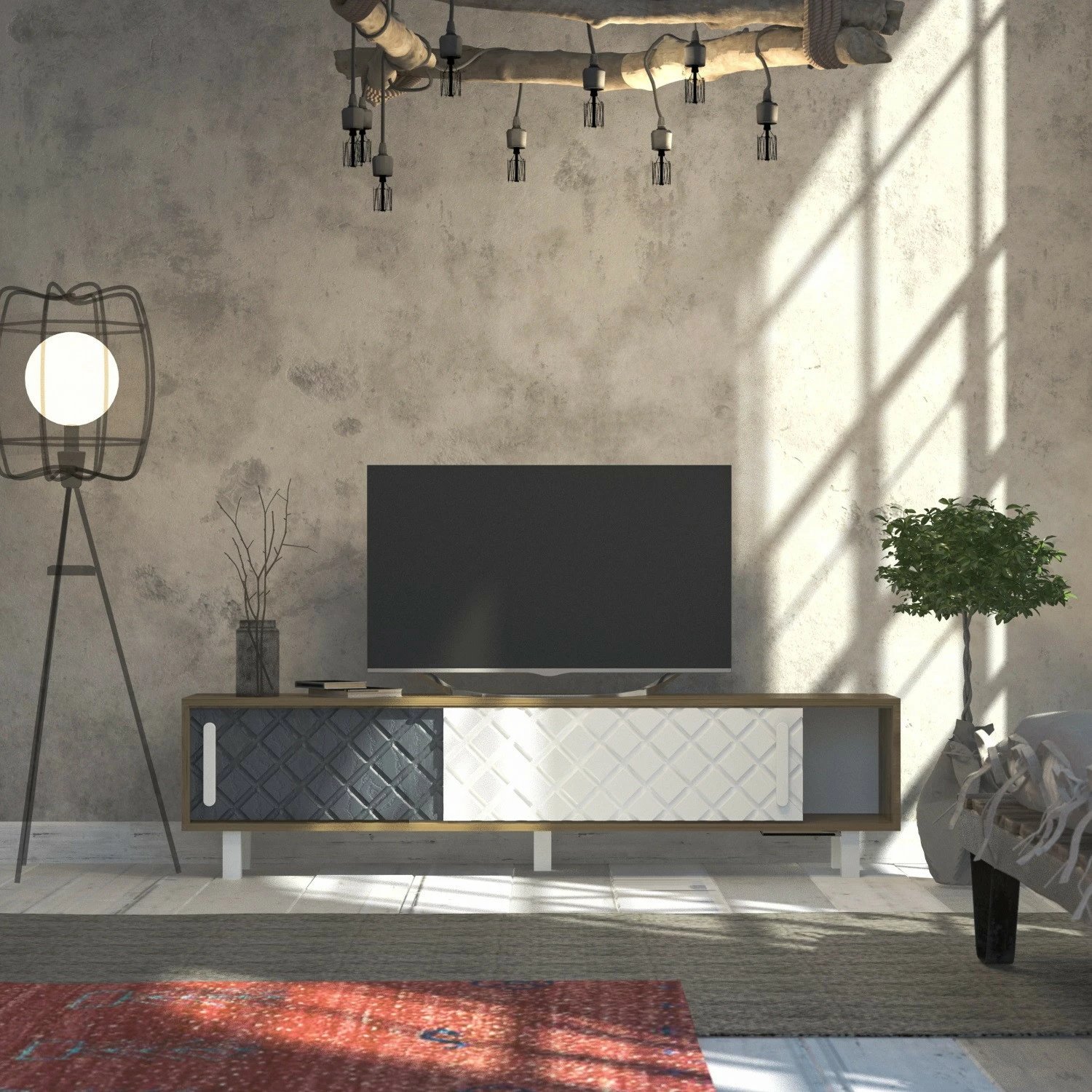 Komodë TV Skye Decor, rob-ud, e bardhë, antracit