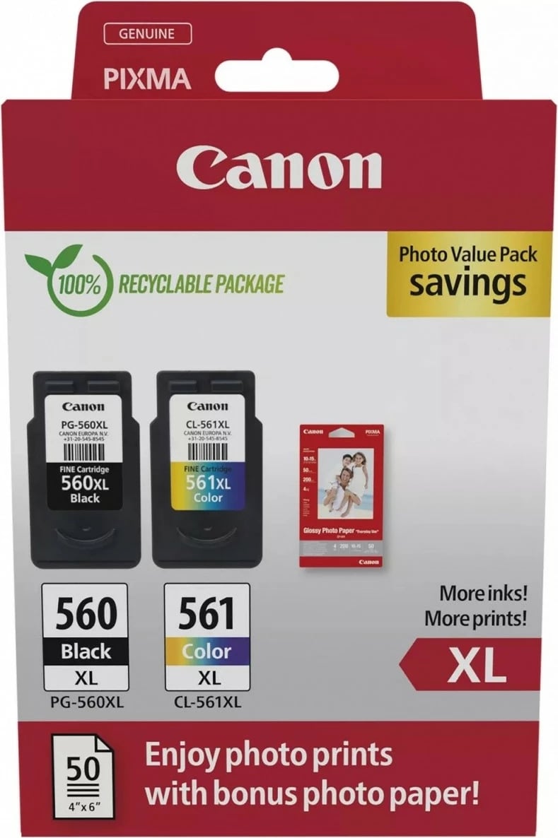 Kaseta boje Canon PG-560XL/CL-561XL Photo Value Pack me letër foto, për PIXMA, E zezë dhe Ngjyrë, 2 copë + 50 fletë