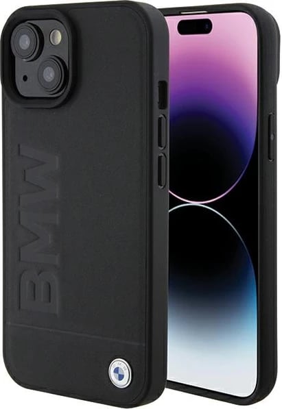 Mbështjellës BMW Leather Hot Stamp për iPhone 15 Plus, e zezë
