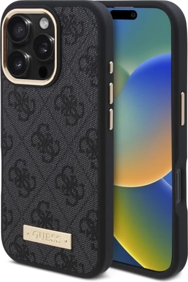 Mbështjellës Guess 4G Logo Plate MagSafe për iPhone 16 Pro, Zi