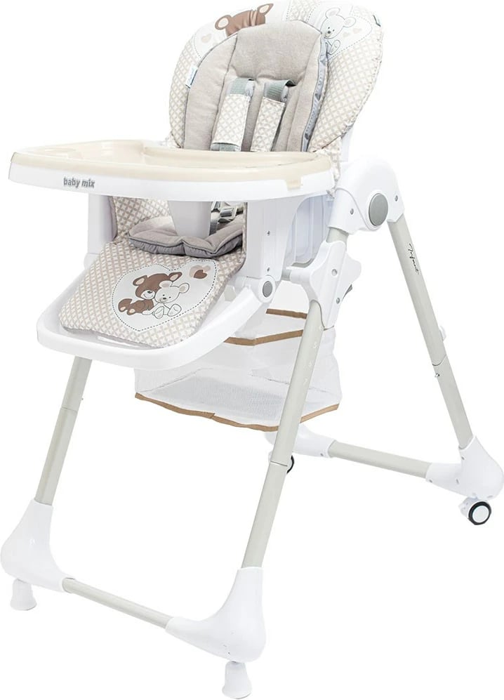 Karrige e lartë për bebe, Baby Mix Infant, 7 nivele lartësie, shpinore 3 pozicione, tabaka dyshe, rrypa 5-pikësh, me rrota, bezhë